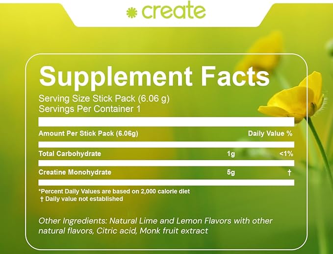 Create Single Serve Creatine Monohydrate Powder – 5g Creapure Creatine | Redefining Strength, Energy & Recovery | Sugar-Free, Vegan, Non-GMO | Lemon/Lime | 30 Packets