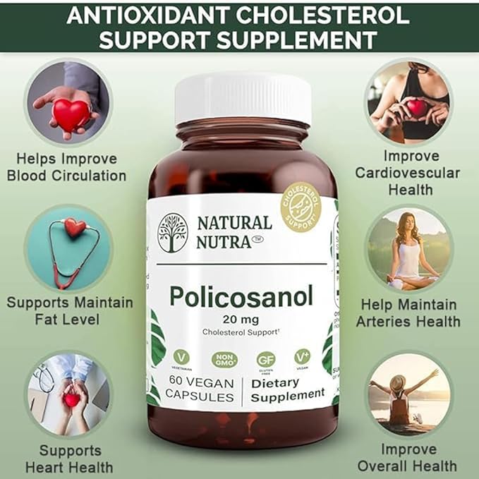 Natural Nutra Policosanol 20mg with Octacosanol, Supplement to Promotes Fluid Circulations, Improve Blood Circulation, Supports Maintain Fat Level, Improves Cardiovascular Health, 60 Vegan Capsules