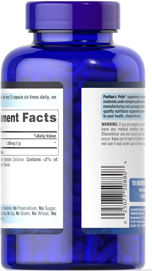 Puritan's Pride L-arginine 1000 Mg Capsules, 100 Count, White, (4332490165)