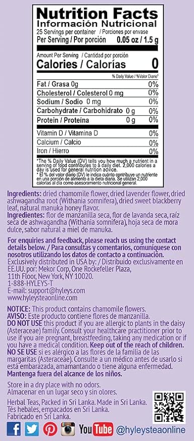 Hyleys Calm Tea with Ashwagandha - Lavender & Honey Flavor - Caffeine-Free, Herbal Tea - 25 Tea Bags - Sleepy Chamomile Bedtime Blend: Natural Herbal Tea for Deep Relaxation & Restful Sleep