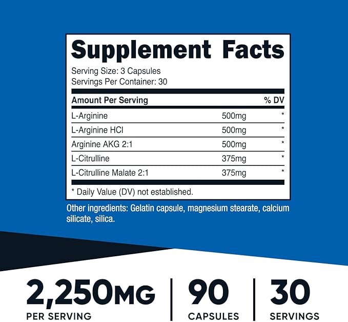 Nutricost Nitric Oxide Booster (2250mg) 90 Capsules - Gluten Free, Non-GMO, 750mg Per Casule, 30 Servings