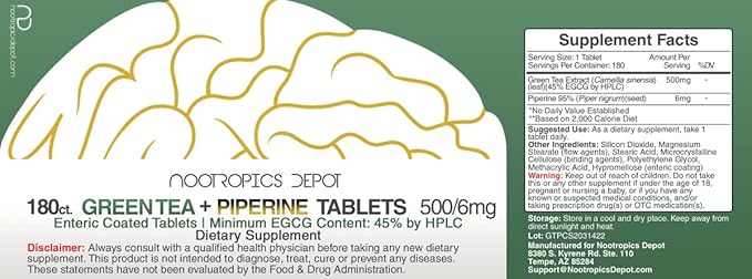 Nootropics Depot Green Tea Extract Tablets | 180 Count | 500mg | Minimum 45% EGCG + 6mg Piperine | Enteric Coated