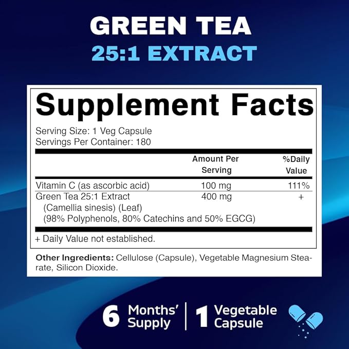 Vitamatic Green Tea Extract with Vitamin C, 25X Concentrate, 98% Polyphenols, 80% Catechins, 50% EGCG, 180 Veg Capsules