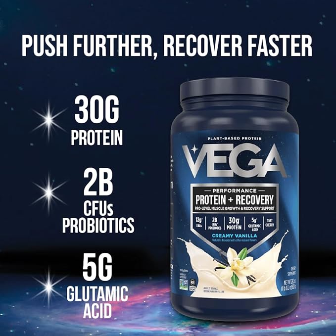 Vega Sport Vegan Protein Powder + Recovery - 30g Plant Based Protein per Serving, Vanilla, 45 Servings, 5g BCAAs, Probiotics, NSF Certified, For Shakes & Smoothies, 4.1lbs (Packaging May Vary)