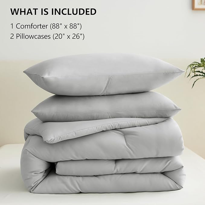 CozyLux Light Grey Comforter Set Queen Size, 3 Pieces Solid Breathable Quilted Style Bedding Sets, Light Gray Luxury Fluffy Bed Set Soft Microfiber Comforter All Season (1 Comforter & 2 Pillowcases)