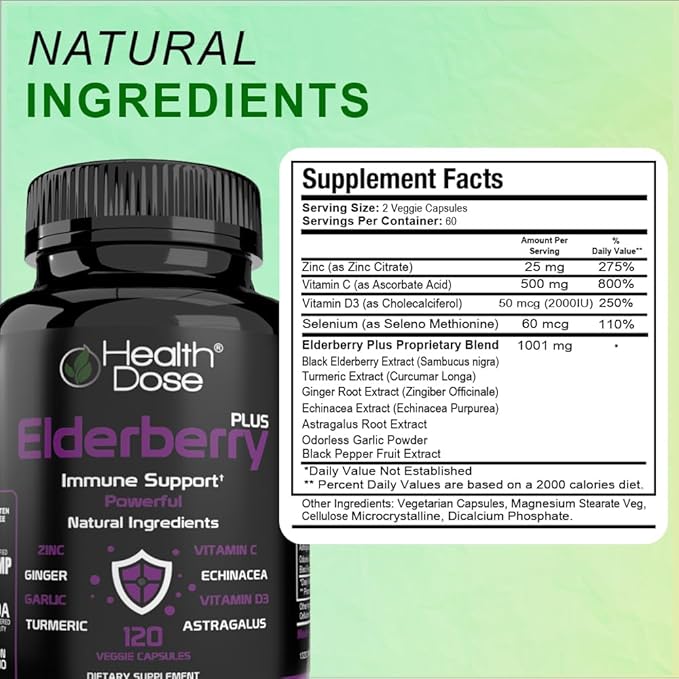 Elderberry Plus Capsules – Immune Support Supplement with Vitamins C, D3, Zinc, Selenium & 11 Ingredients for Year-Round Wellness – 120 Veggie Capsules, 2-Month Supply