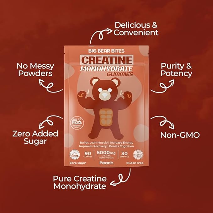 Creatine Monohydrate Gummies for Men & Women | 5000mg of Creatine Gummies per Serving | Sugar Free Gummies, Gluten Free & Halal | Pack of 90 Pre Workout Gummies for Muscle Recovery | Peach Flavor