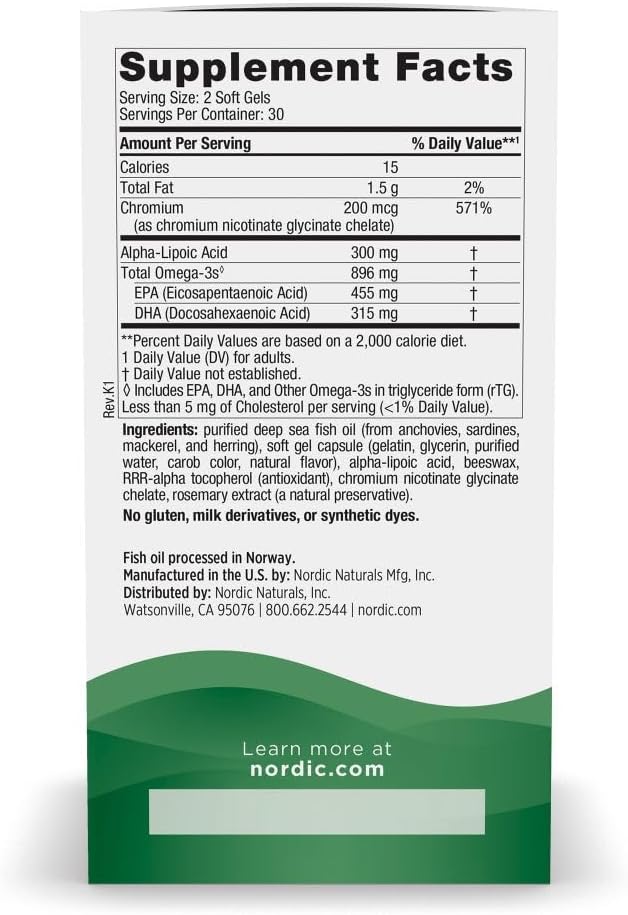 Nordic Naturals Omega Blood Sugar, Lemon - 60 Soft Gels - 896 mg Omega-3 + Alpha-Lipoic Acid & Chromium - Metabolism - Non-GMO - 30 Servings