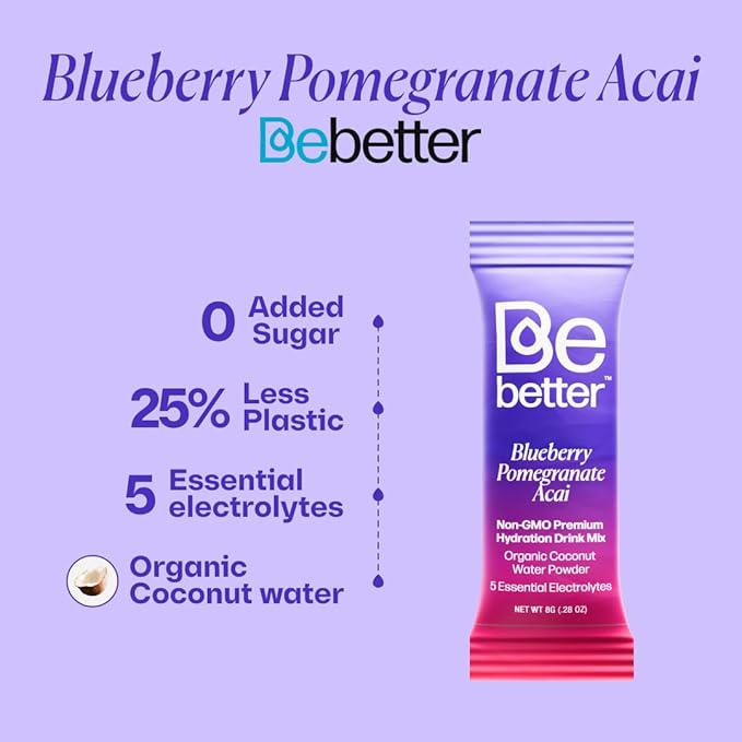 BeBetter Organic Electrolytes Powder Packets | Electrolyte Drink Mix | Organic Coconut Water | No Artificial Flavors | Sugar Free Hydration Packets | Non-GMO | 22 Sticks (Blueberry, Pomegranate, ACAI)