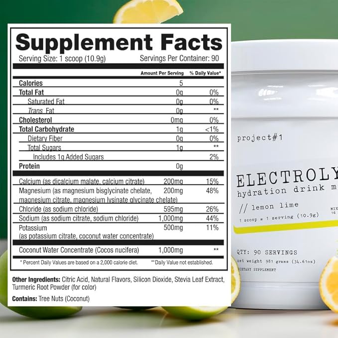 Project #1 Electrolyte Drink Mix - Lemon Lime Flavor - Enhanced Hydration with Potassium & Coconut Water - Low Calorie, High Performance Electrolyte Powder for Fitness & Endurance - 90 Servings