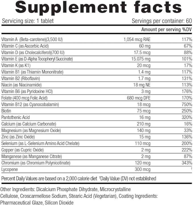 Multivitamin Once Daily, Max Strength Vitamins A, C, D, E, K, B1, B2, B6, B12, Niacin, Calcium, Magnesium, Zinc, Selenium, Copper, Manganese, Chromium with Lycopene, 60 Count 2 Mo Supply