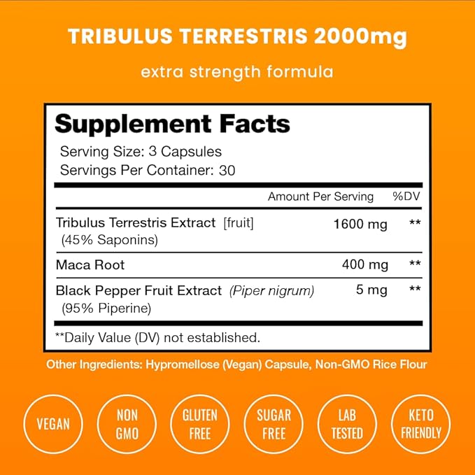 NutraChamps Tribulus Terrestris for Men, 2000mg Supplement Booster for Energy, Vitality, Stamina & Performance, Extra Strength Saponins, 90 Vegan Capsules