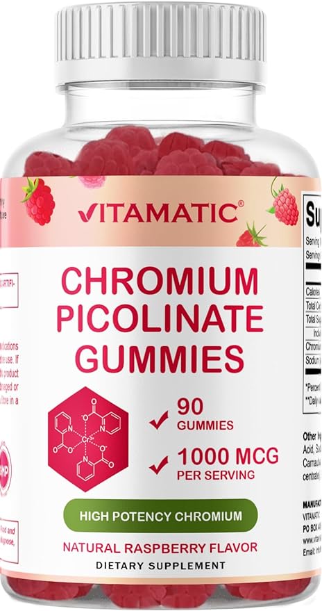 Vitamatic Chromium Picolinate 1000 mcg - 90 Gummies - High Potency Chromium - Raspberry Flavor (Total 180 Gummies) 2 Packs