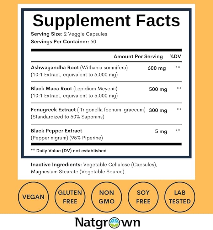 Natgrown Ashwagandha Maca Root Fenugreek Extract Capsules Supplement for Men & Women - Vegan Pills - (120 Count)