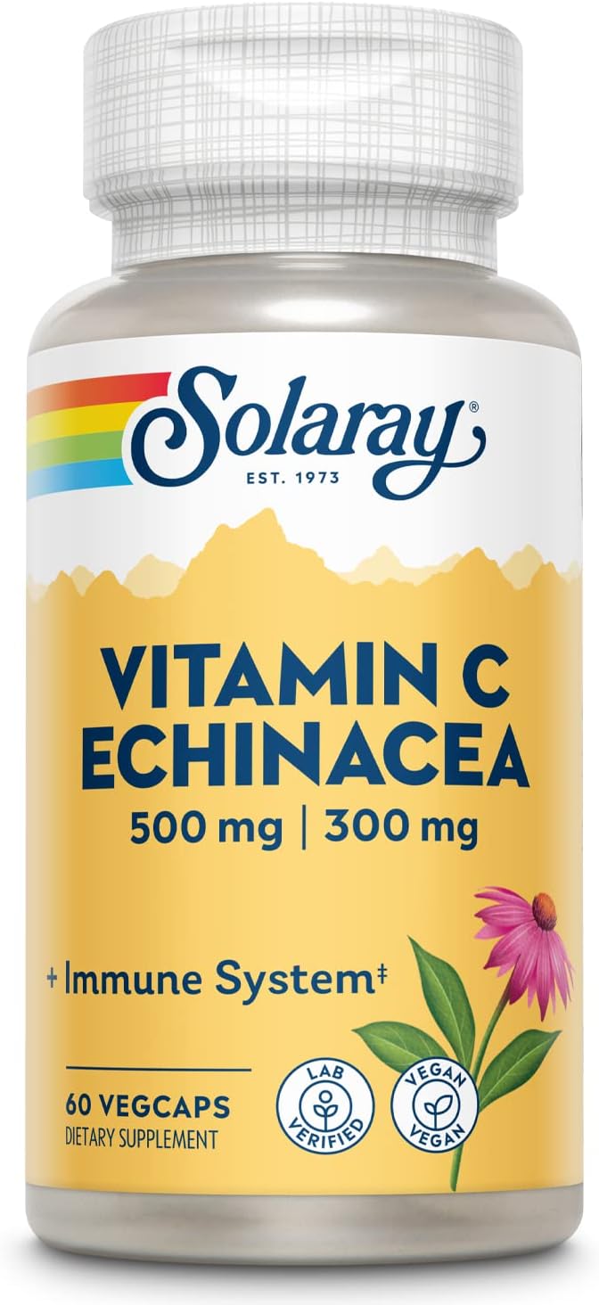 Solaray Vitamin C & Echinacea Root | Healthy Immune System Support w/ 500 mg VIT C & 300 mg Echinacea Per Capsule | Non-GMO & Vegan | 60 VegCaps