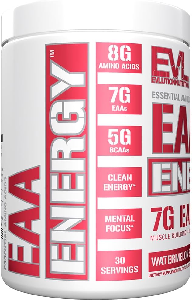Evlution Nutrition EAA Energy - Pre & Post Workout Powder - Muscle Building & Recovery Supplement - 7g Essential Amino Acids + 5g BCAAs - Clean Energy - With Caffeine - 30 Servings - Watermelon Splash