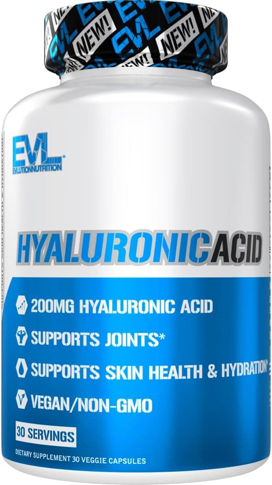 Evlution Vegan Dietary Hyaluronic Acid Supplement Nutrition 200mg Hyaluronic Acid Capsules Dry Skin Supplement for Women and Men for Itchy or Damaged Skin - High Potency Bioavailable Non GMO Formula