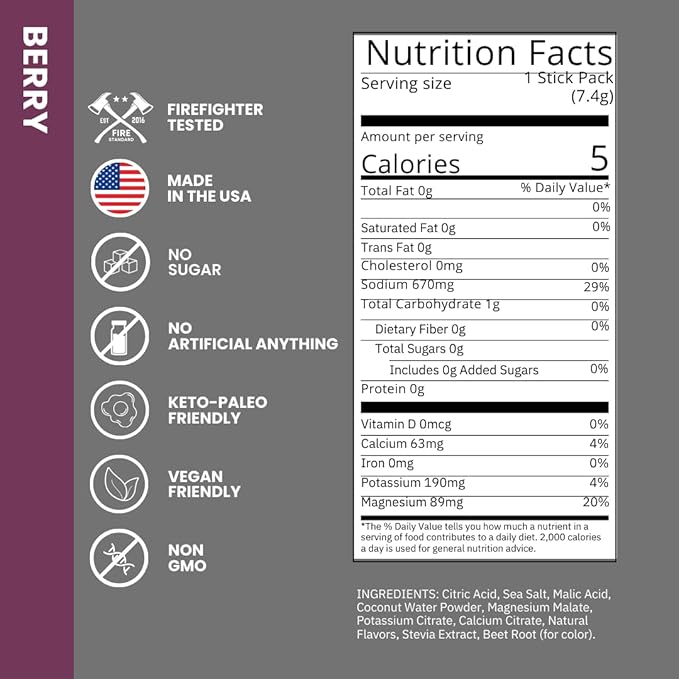 Fire Science Fire Salt Hydration Sticks, Electrolytes & Coconut Water, Hydration Drink Mix with Magnesium, Potassium & Sodium, Zero Sugar, Single Serve On The Go Packs, Berry Flavor, 32 Count