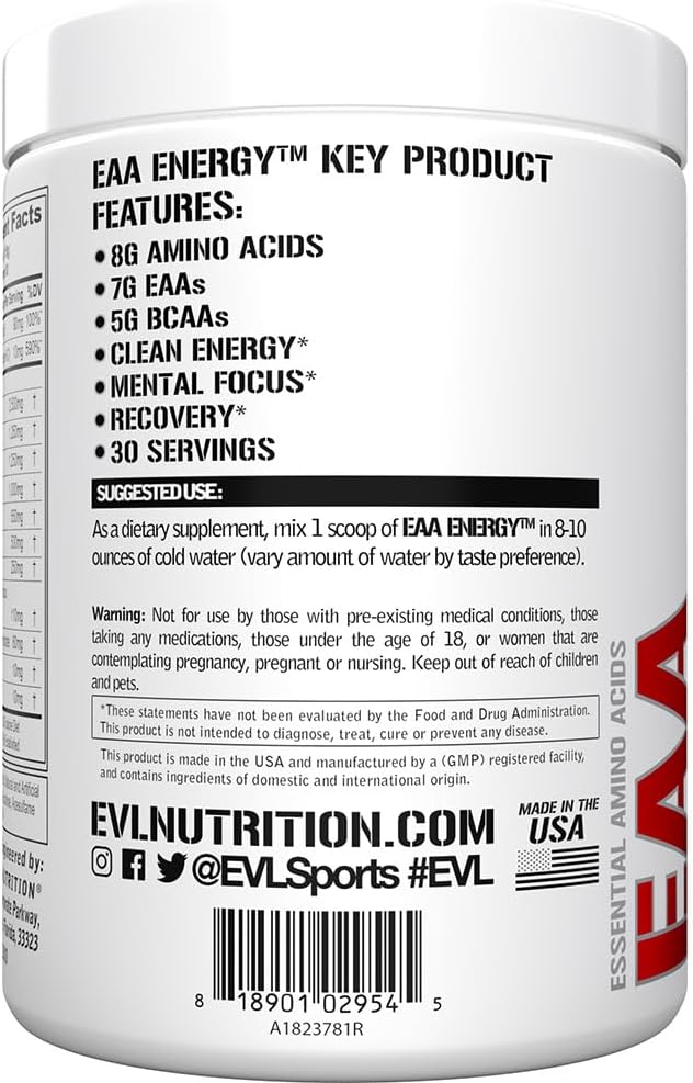 Evlution Nutrition EAA Energy - Pre & Post Workout Powder - Muscle Building & Recovery Supplement - 7g Essential Amino Acids + 5g BCAAs - Clean Energy - with Caffeine - 30 Servings - Fruit Punch