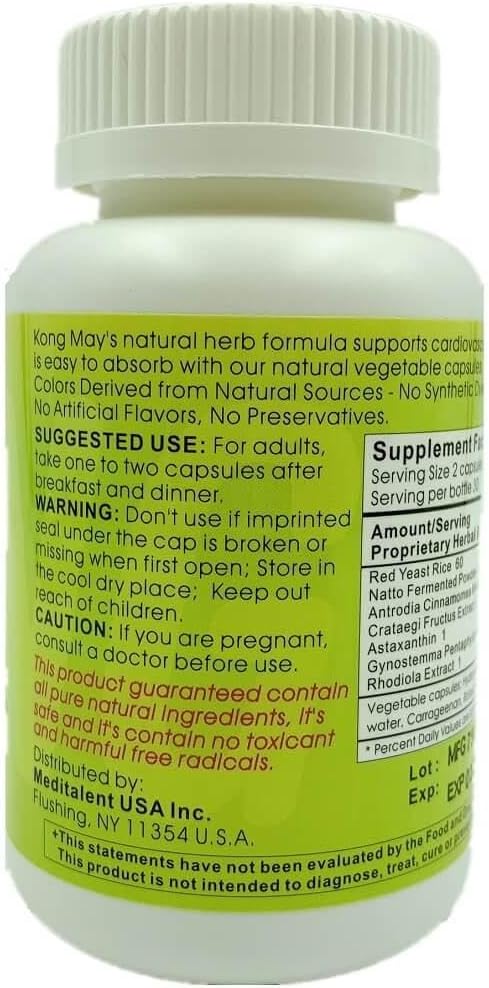 Kong May Herbal Supplement with Red Yeast Rice, Natto Fermented Powder, Antrodia Mushrooms | All-Natural Cardiovascular Support for Overall Health and Well-Being - 60 Capsules by Meditalent