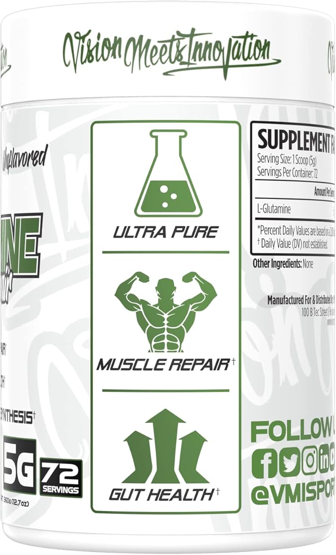 VMI Sports Glutamine Muscle Repair Powder Pure L-Glutamine | Muscle Repair & Recovery – Gut Health – Protein Synthesis | 5g per Serving – 72 Servings