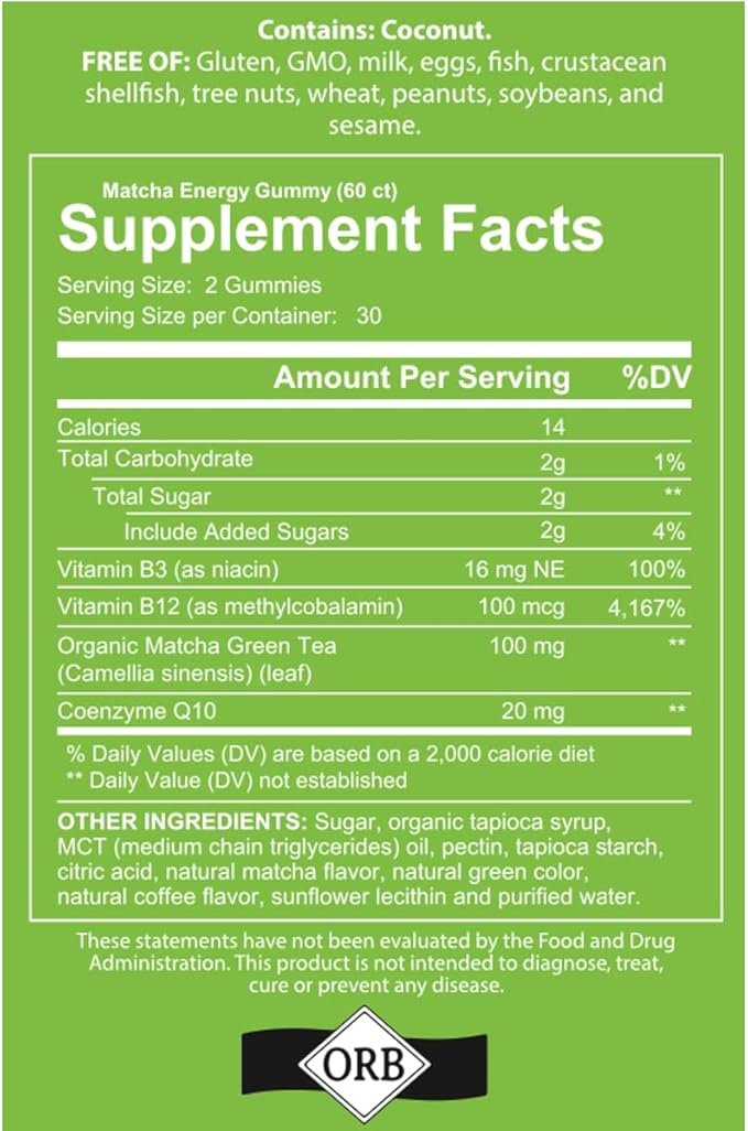 Matcha Organic Green Tea Energy Gummies, Vitamin B12, Vitamin B3, and Antioxidant CoQ10 for Natural Energy Boost, Vegan, Gluten-Free, Non-GMO and Kosher (60 Count (Pack of 1), Matcha)