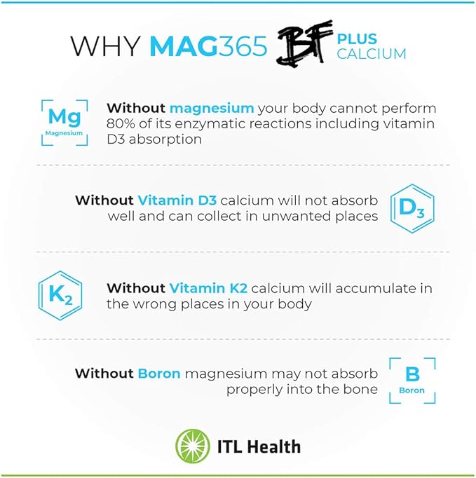 ITL Health BF Plus Calcium Zinc Magnesium Powder with D3, K2, C, B6, Boron, Zinc and Potassium | for Optimal Bone Health, and Immune Support (Unflavored, 360g)
