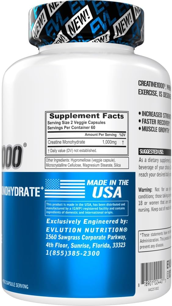Evlution Pure Creatine Monohydrate Capsules 1000mg Nutrition Pre and Post Workout Recovery Vegan Creatine Pills for Gains and Muscle Recovery Supplement - Muscle Builder for Men