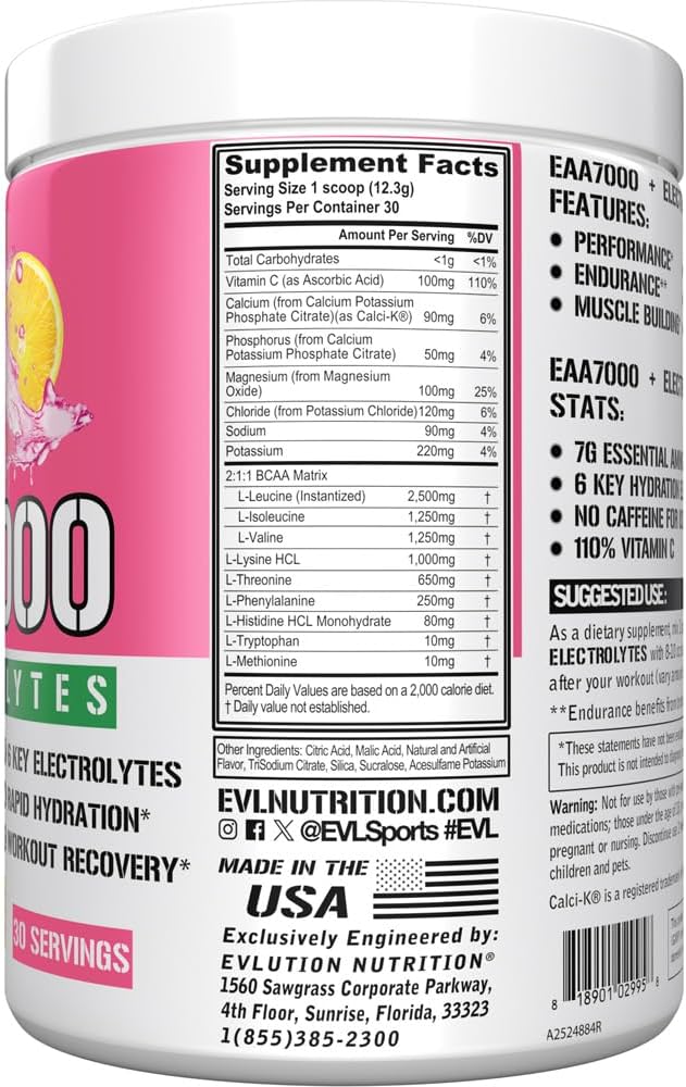 Evlution Nutrition EAA7000 + Electrolytes - Pre & Post Workout Powder - Muscle Building + Recovery Supplement - 7g EAAs + 5g BCAAs + 6 Key Electrolytes - Rapid Hydration - 30 Servings - Pink Lemonade