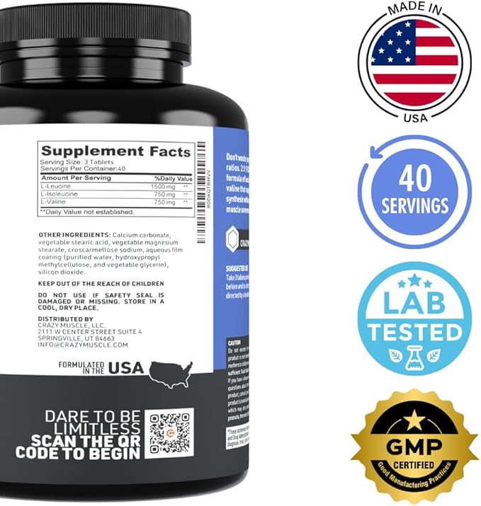 Crazy Muscle BCAA Pills with The Perfect 2:1:1 Ratio of Branched Chain Amino Acids Supplement, 1000mg of BCAAs per Pill (Better Than Capsules), 120 Tablets
