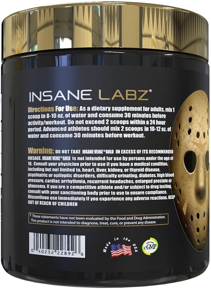 Insane Labz Insane Veinz Gold, Nitric Oxide Non Stimulant pre Workout Powder, Loaded with Hydromax, Nitrosigine, Increases Vascularity and Blood Flow, 30 Srvgs, Grape