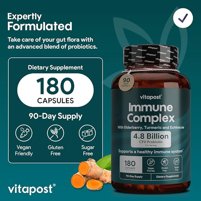 Immune Complex Supports a Healthy Immune System with Vitamin C, Elderberry, Zinc, Echinacea, Garlic & Turmeric. Dietary Supplement, 180 Capsules