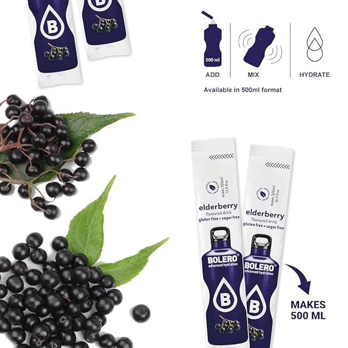 Bolero- Sugar Free Drink Mix Packets Elderberry Fruit Flavors | Powdered Flavored Water Packets | 36 Singles Sticks On The Go Packets
