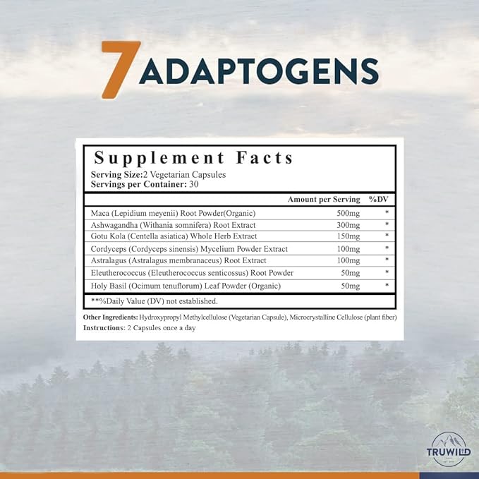 TruWild Adaptogens Vegan Capsule Supplement w/Ashwagandha + Maca w/Full Spectrum Mushrooms – All Natural – 40 Servings