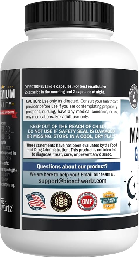 Magnesium Glycinate 500mg Capsules (120 Mini Caps) Maximum Absorption Magnesium Supplement for Nerves Muscles Heart Mood and Sleep Support (Vegan Safe with No Gluten, Soy or GMOs) by BioSchwartz