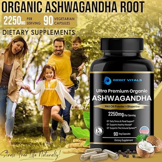 Organic Ashwagandha, 2250 mg - Premium Ashwagandha Root Extract with MCT Oil Powder & Black Pepper for Superior Absorption - Improves Focus, Mood Support, Increase Energy, Strength - 90 Capsules