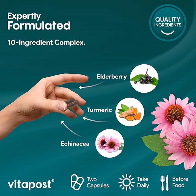 Immune Complex Supports a Healthy Immune System with Vitamin C, Elderberry, Zinc, Echinacea, Garlic & Turmeric. Dietary Supplement, 180 Capsules
