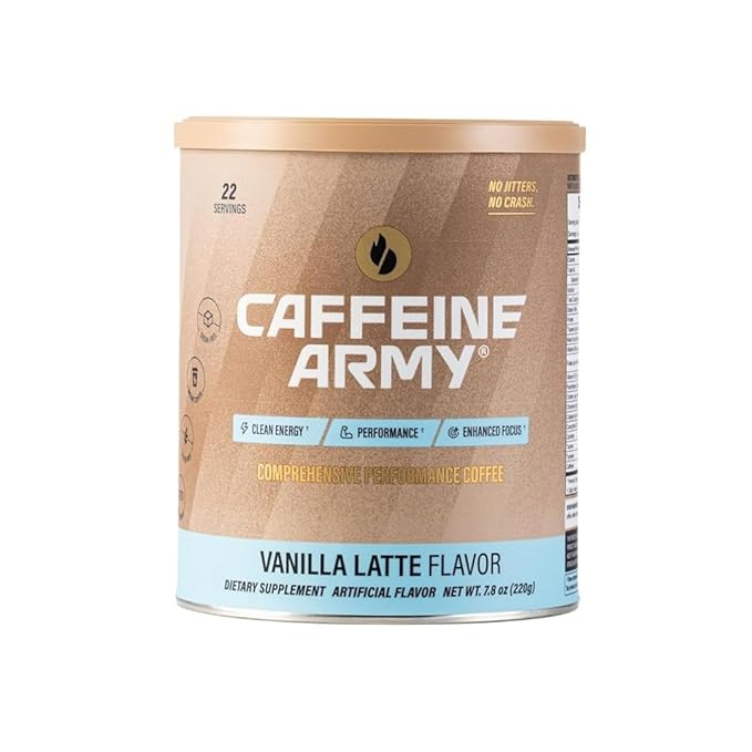 CAFFEINE ARMY Vanilla Latte | Comprehensive Functional Coffee with MCTs, CoQ10, Collagen and Adaptogens: Clean Energy + Supports Daily Attention, No Jitters or Crash (7.8 oz 22 Servings)