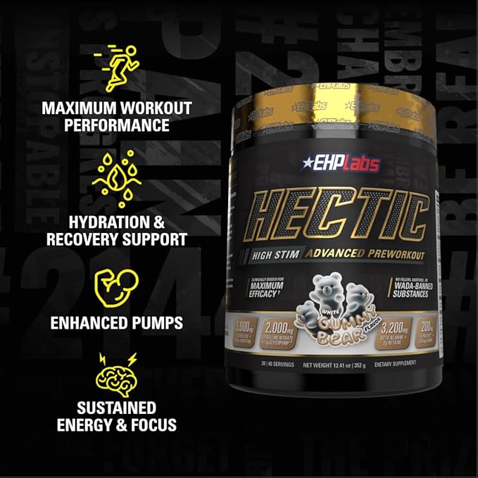 EHP Labs Hectic PreWorkout - High Stim Advanced Pre Workout Powder for Max Performance - Caffeine, Beta Alanine, Coconut Water - Energy, Pump, Recovery & Hydration - 40 Serves (White Gummy)