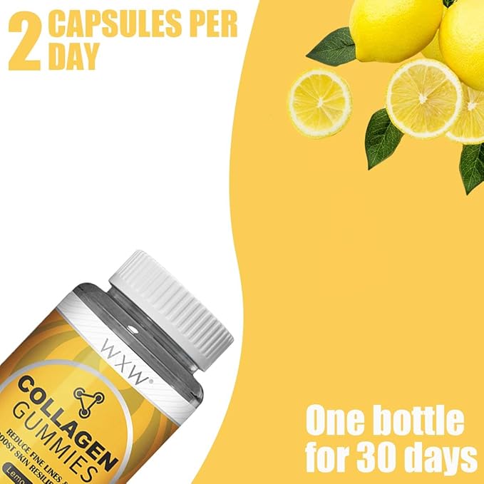 WXW Hydrolyzed Collagen Peptides Gummies for Women, Non-GMO Anti-Aging Formula with Biotin, Zinc, Vitamins C & E for Hair, Skin and Nails | 60ct,Lemon Flavor