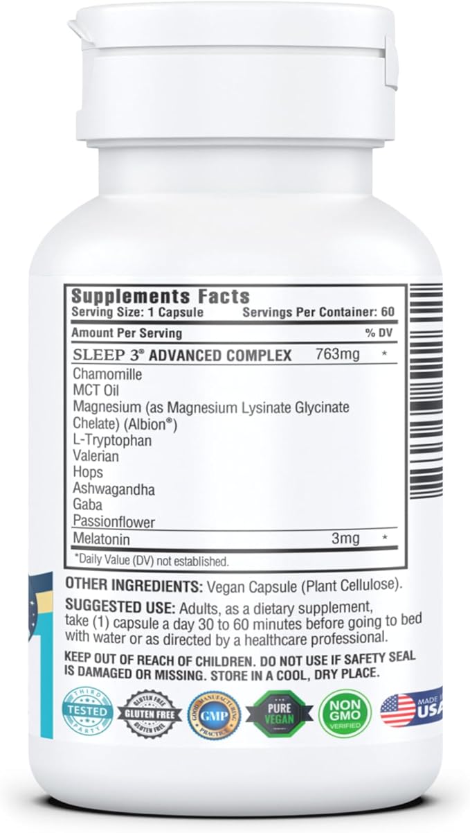 KAPPA NUTRITION Sleep 3, Sleep Aid, 3mg of Melatonin, 60-Day Supply, Non-Habit Forming Vegan Capsules Natural Ingredients for Easier Bedtime, Herbal Supplement, Valerian Root, Chamomile Non-GMO