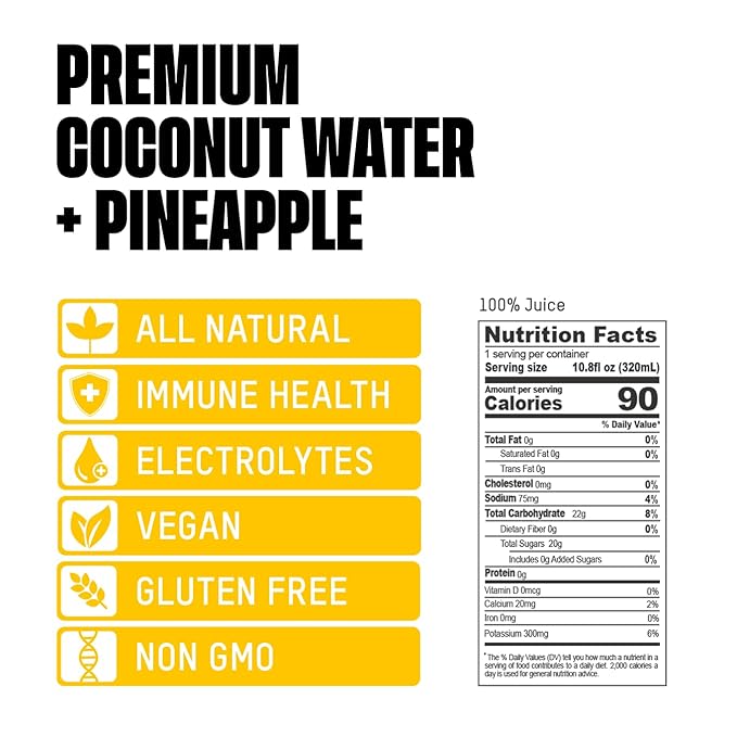 Once Upon a Coconut Pineapple Coconut Water - Natural Hydrating Low Calorie Drink with Electrolytes - 10.8 fl oz (Pack of 12)