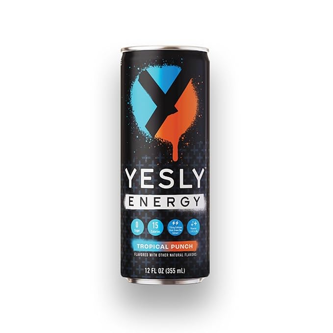 Yesly Energy Drink, Tropical Punch, Naturally Flavored Sparkling Energy Water With Electrolytes, Magnesium, Potassium, Vitamin C, B6 & B12, Natural Caffeine From Green Tea, 12 Fl Oz Cans, 12 Pack