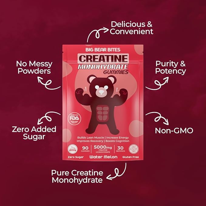 Creatine Monohydrate Gummies for Men & Women | 5000mg of Creatine Gummies per Serving | Sugar Free Gummies, Gluten Free & Halal | Pack of 90 Pre Workout Gummies for Muscle Recovery | Watermelon Flavor