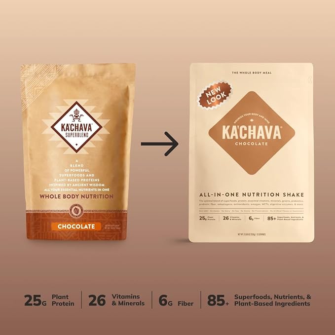 Ka’Chava All-In-One Nutrition Shake Blend, Chocolate, 15 Servings, 85+ Superfoods & Nutrients, Meal Replacement, Greens Plant-Based Superfood Powder Protein Drink, Digestive Enzymes & Probiotics, Vegan Dairy Gluten Free