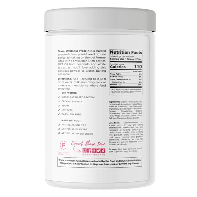 Teami Vegan Protein Powder with Organic Ingredients - Smooth Plant Based Pea Protein Powder with Low Net Carbs, Non-GMO, Dairy Free, Soy Free, No Sugar Added - Triple Berry (14 Servings, 13.6 Ounce)