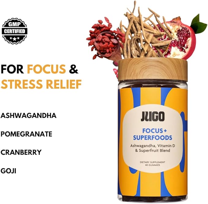 JUGO Focus + Superfood Gummies | Vitamin D & Ashwagandha | 40 Count | Focus & Mental Clarity for Adults | Gelatin-Free, Gluten-Free, Plant-Based, Non-GMO