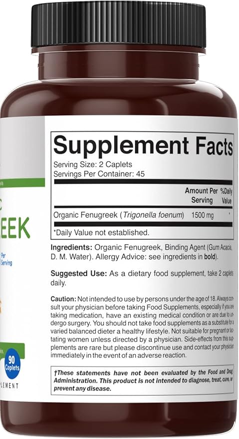 Brieofood Organic Fenugreek 1500mg, 45 Servings, Vegetarian, Gluten Free, 90 Vegetarian Tablets