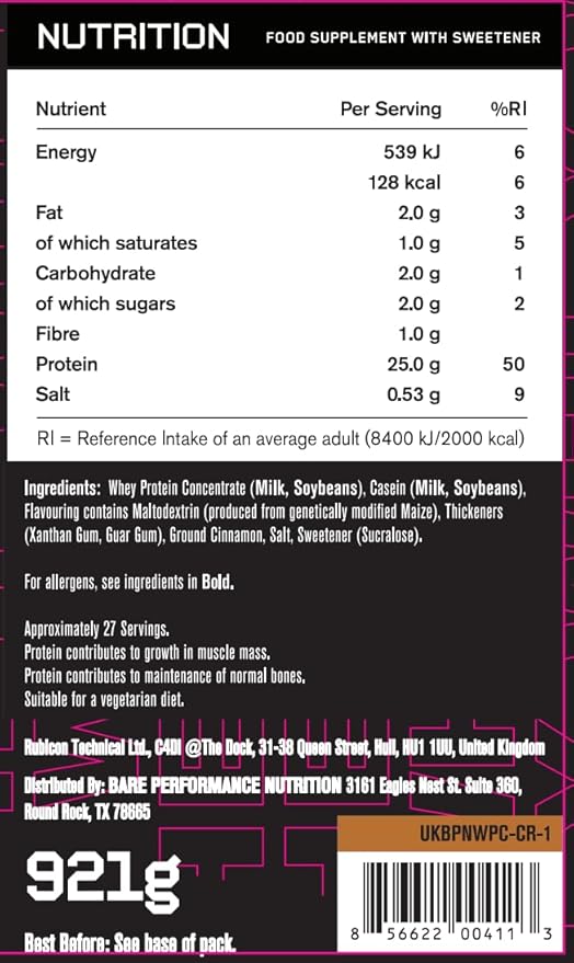 BARE PERFORMANCE NUTRITION, BPN Whey Protein + Casein Protein Powder Blend, Cinnamon Roll 25g Protein per Serving Supports Lean Muscle Recovery, 27 Servings, Third Party Tested