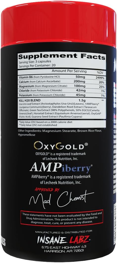 Insane Labz Kill H2O, AMPiberry Infused Diuretic, Reduce Water Retention and Bloating Relief with Dandelion Root and Green Tea Extract, 20 Servings